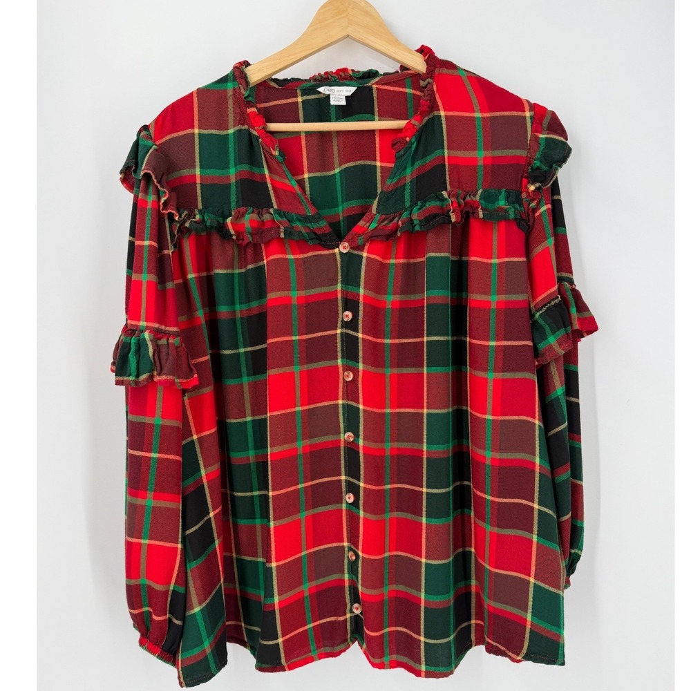 Cato Red Green Plaid Ruffle Blouse Holiday Womens 18/20 Christmas Festive Merry